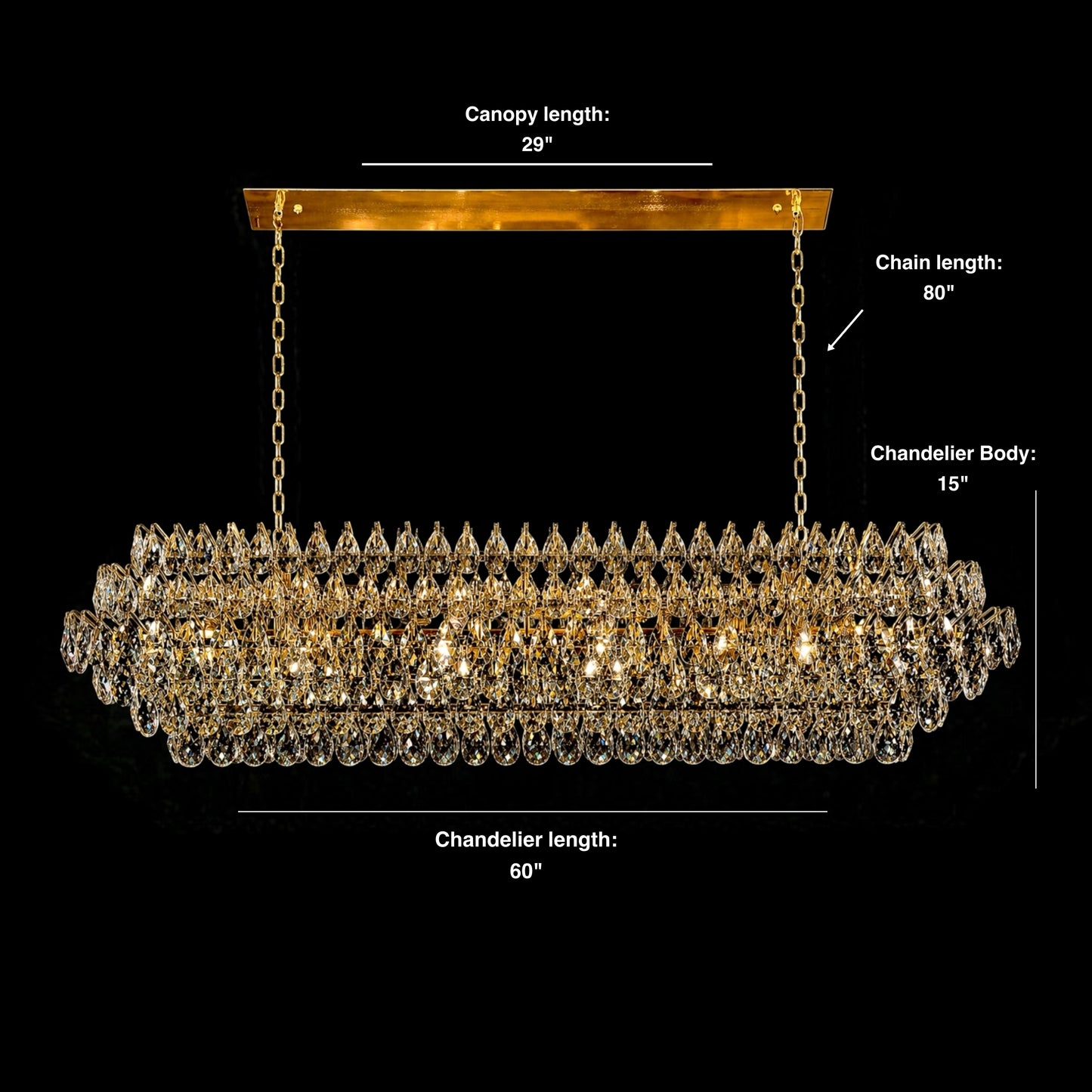 A full view of the 60-inch champagne gold linear teardrop crystal chandelier with white lines showing the body, chain, and canopy dimensions on a black background.