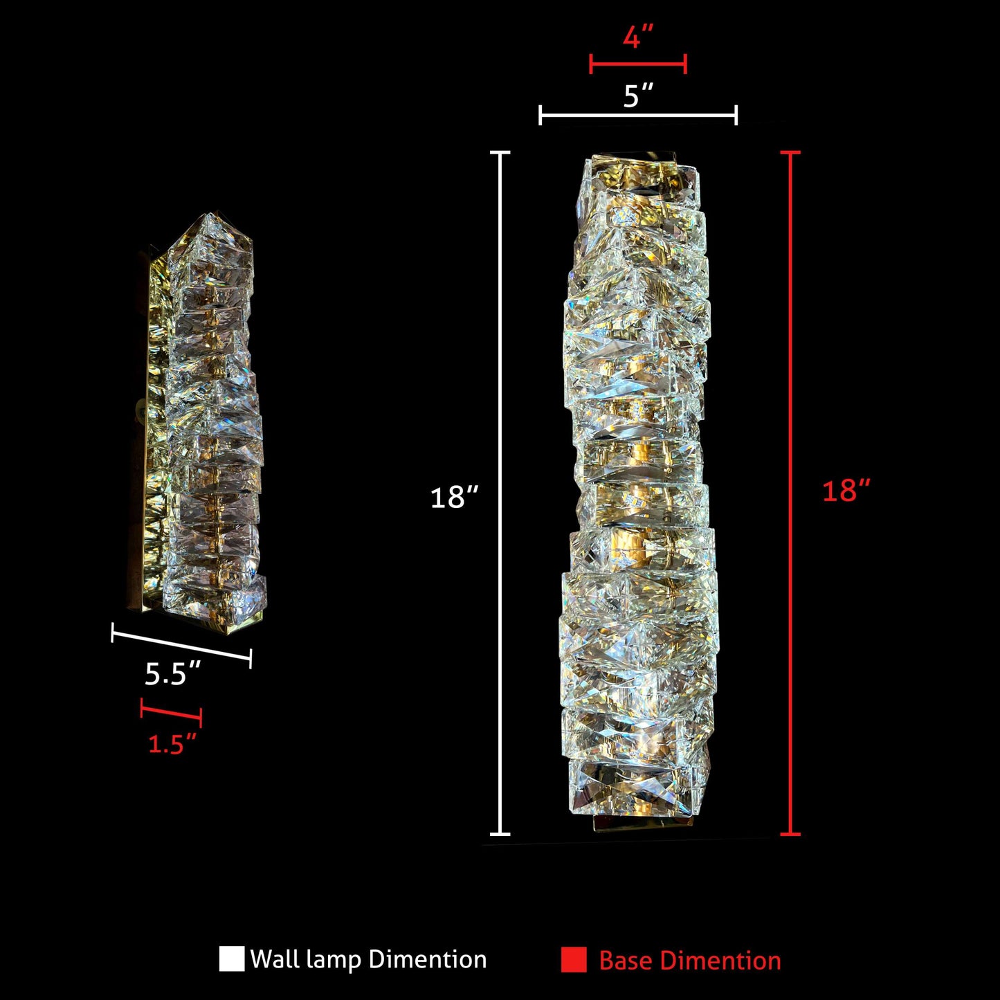 Dimensions diagram of gold crystal LED wall sconce