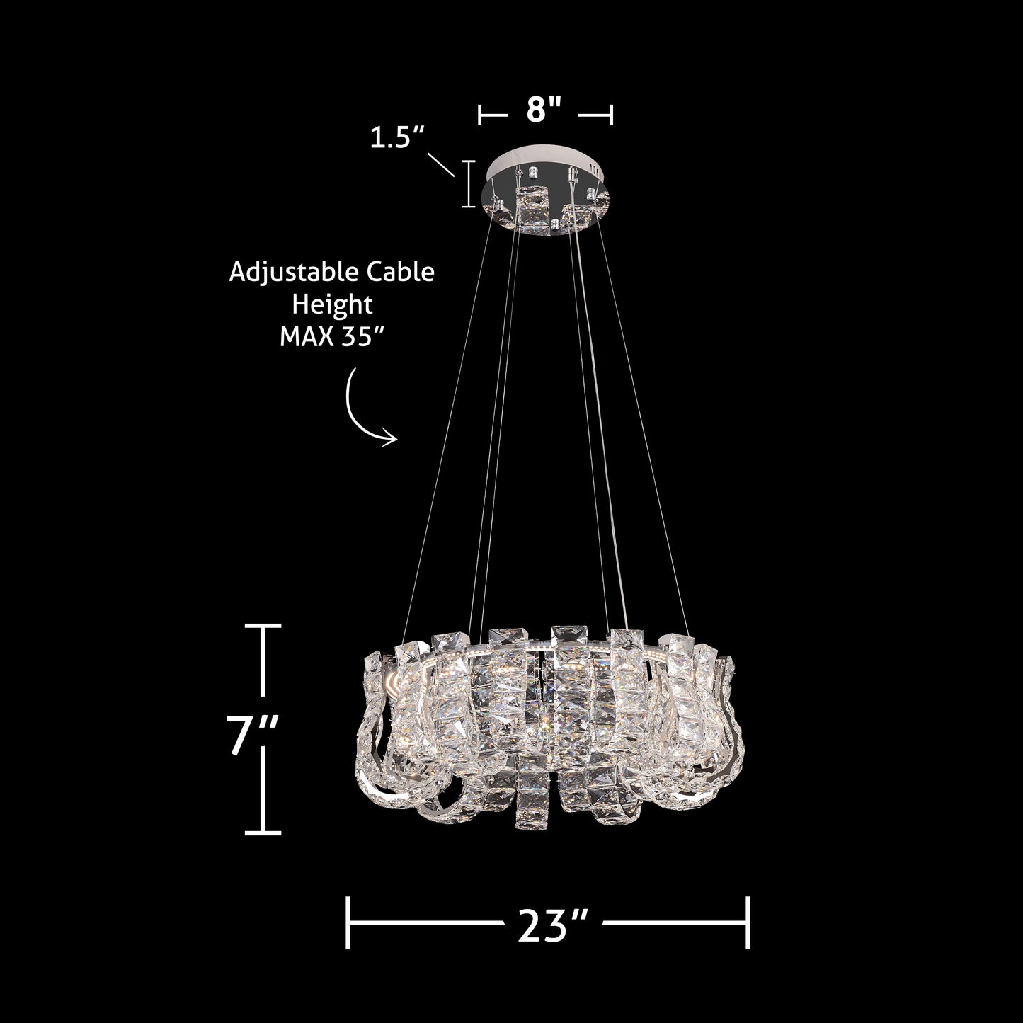 Technical dimensions diagram of 23-inch chrome crystal chandelier showing adjustable height and size