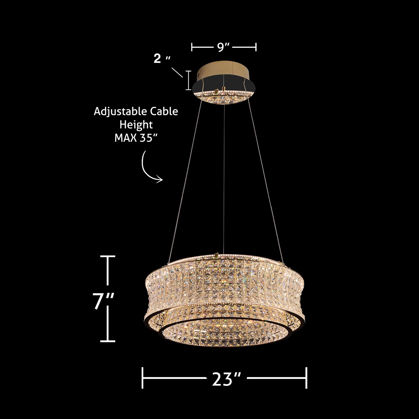 Technical dimensions of 24-inch crystal gold LED chandelier with adjustable cable height and width.