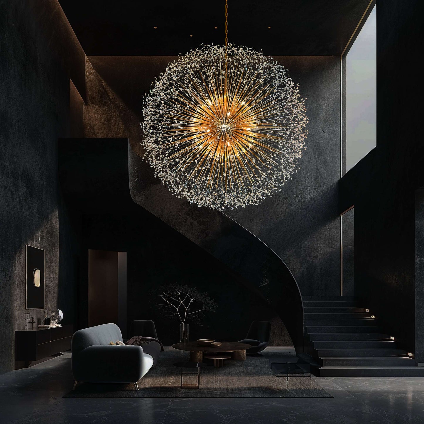 Large gold starburst chandelier displayed in modern open space