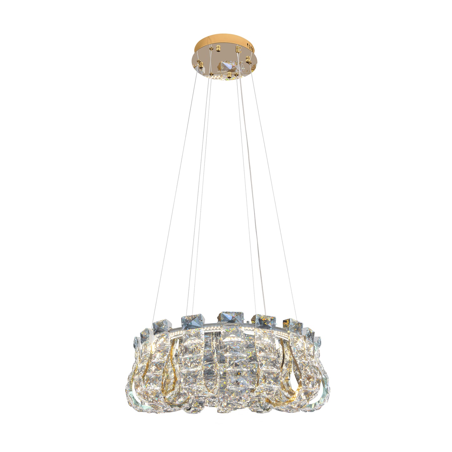 Luxury gold crystal chandelier with LED lighting shown on white background for product clarity.