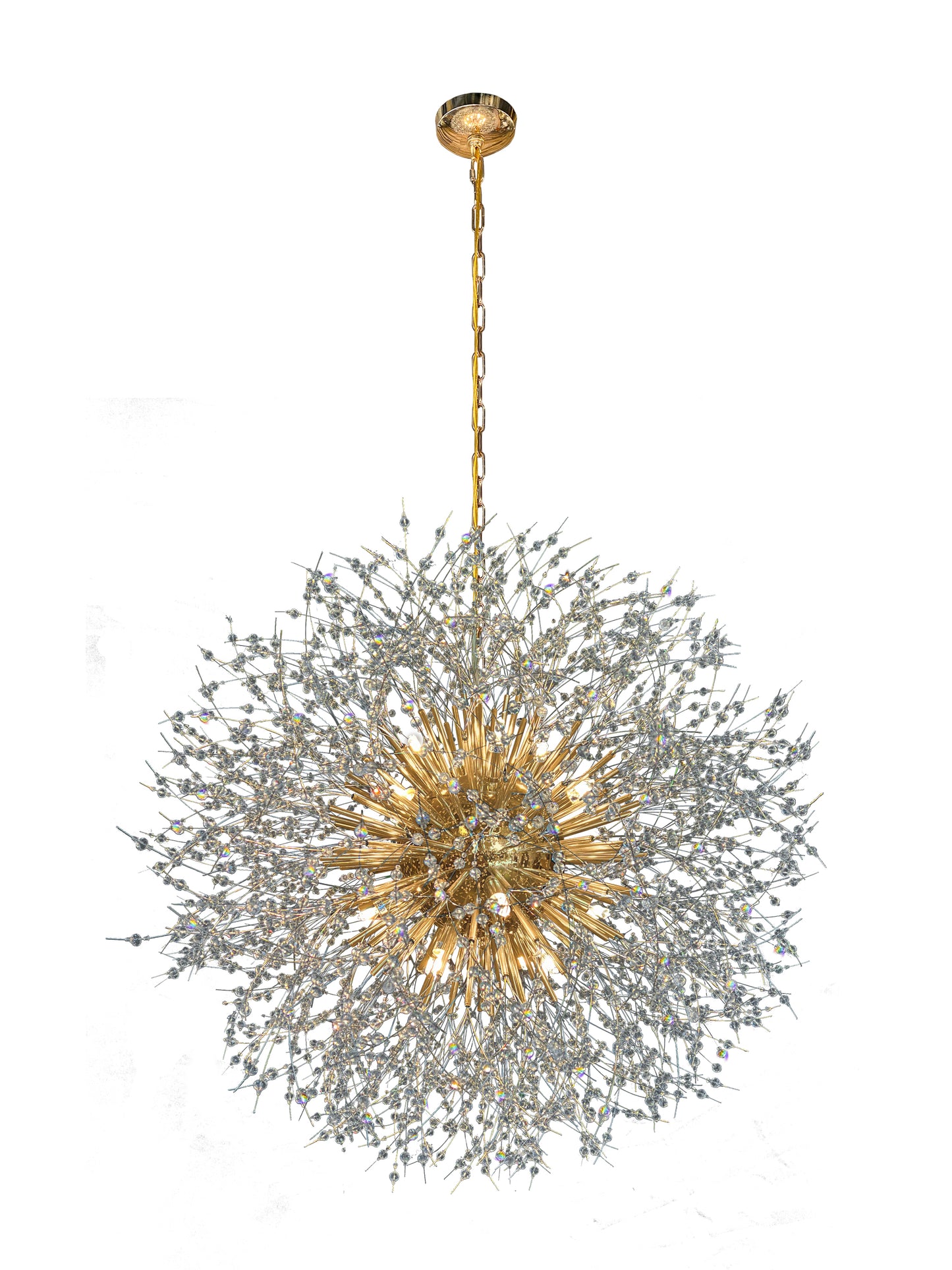Artistic angle of gold starburst chandelier lighting fixture