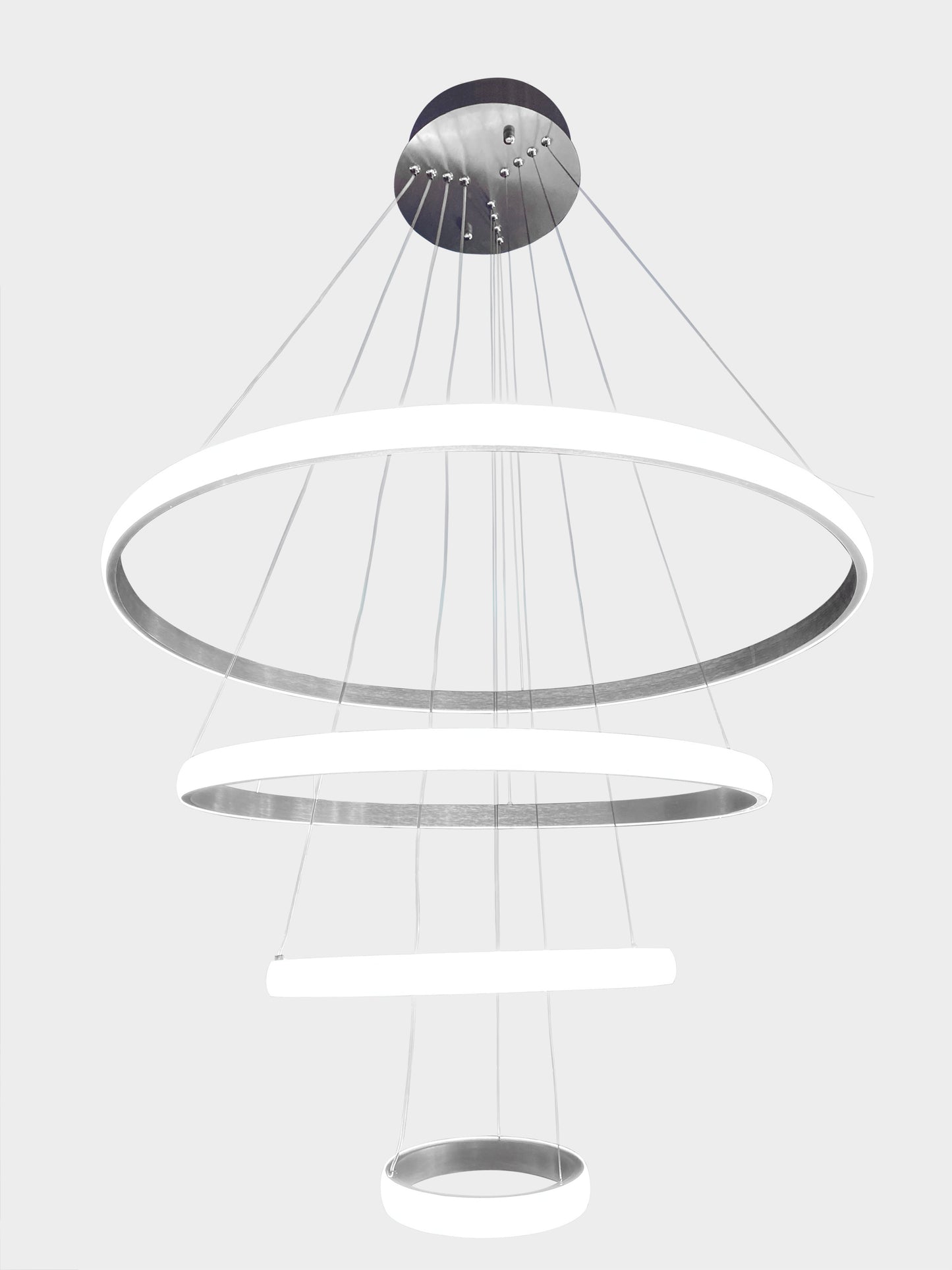 White background render of modern multi-ring LED chandelier