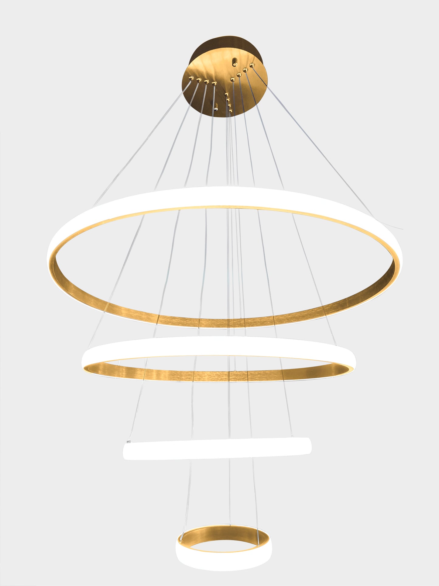 White background render of modern multi-ring LED gold chandelier