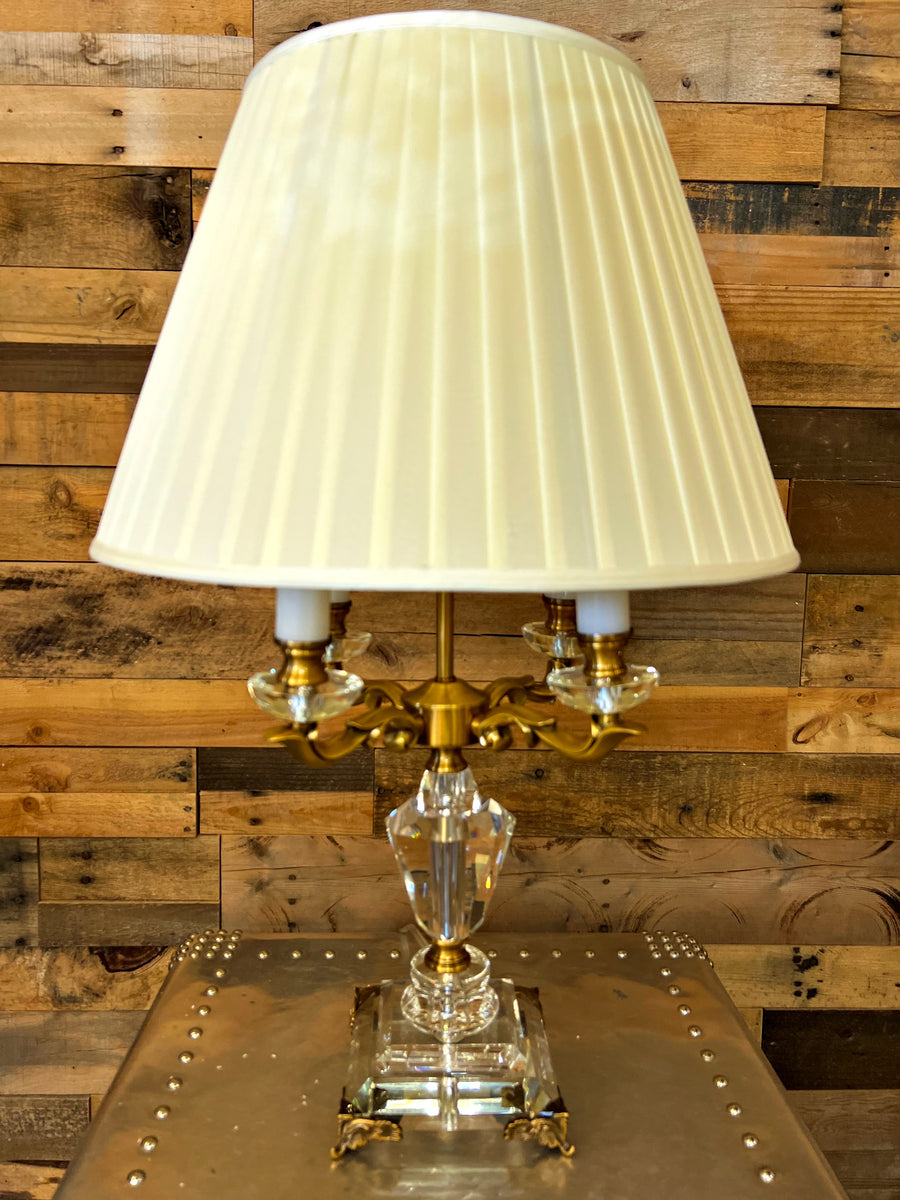 Four Arm Chandelier Cream shades and antique brass arms