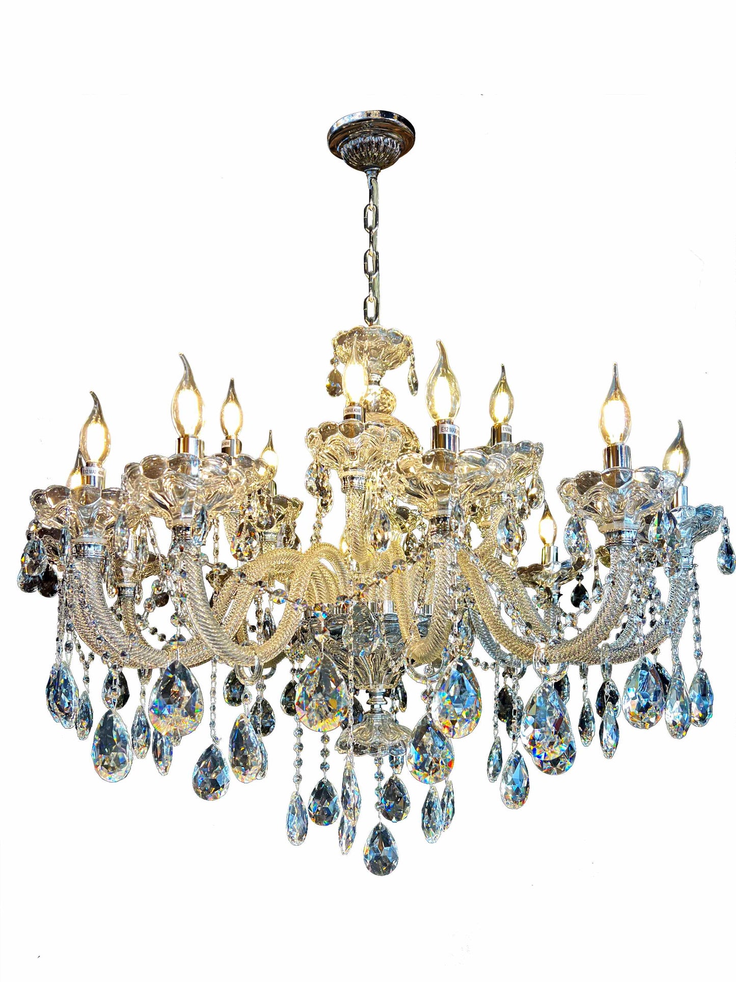 Full view of the chrome crystal chandelier against a white background.