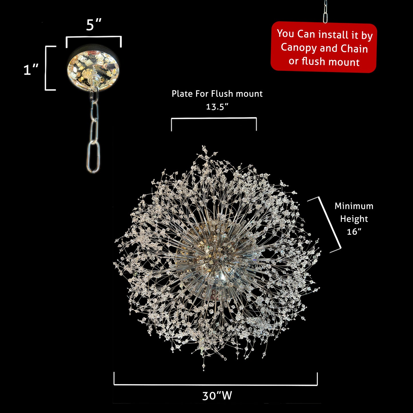 Measurement diagram of 30 inch chrome starburst crystal flush mount chandelier