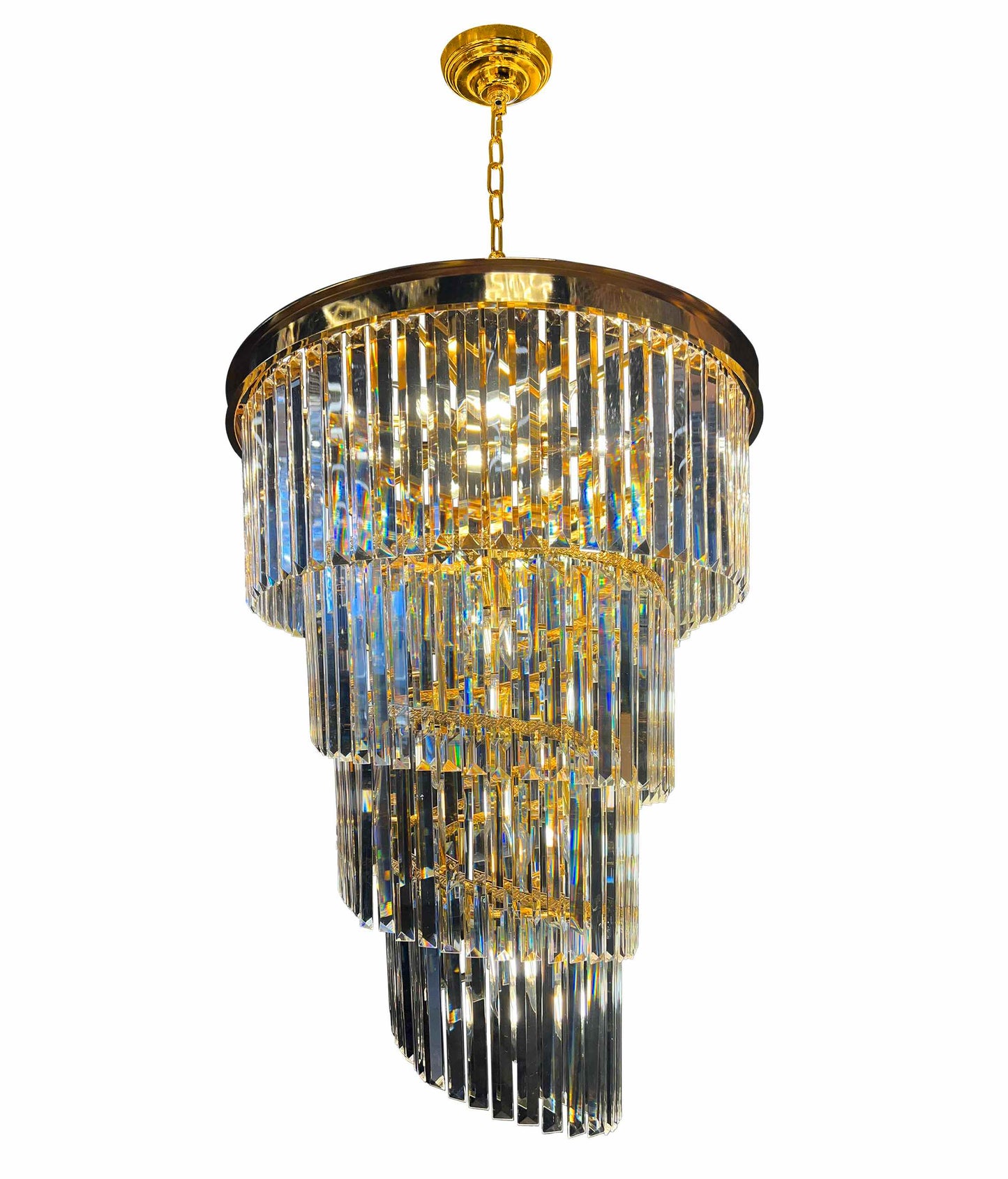 Full height tiered dimmable gold crystal chandelier
