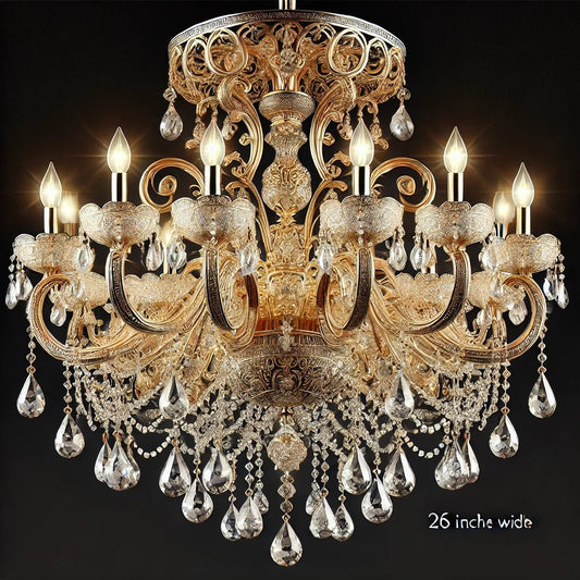 Chandelier 26" Wide 11- Lights Crystal Pendant Light Gold Finish