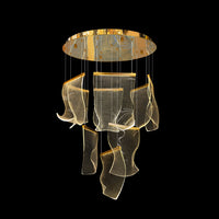 Luxury Modern LED Hanging Chandelier – Artistic Wave Panels Design, Dimmable Gold Finish