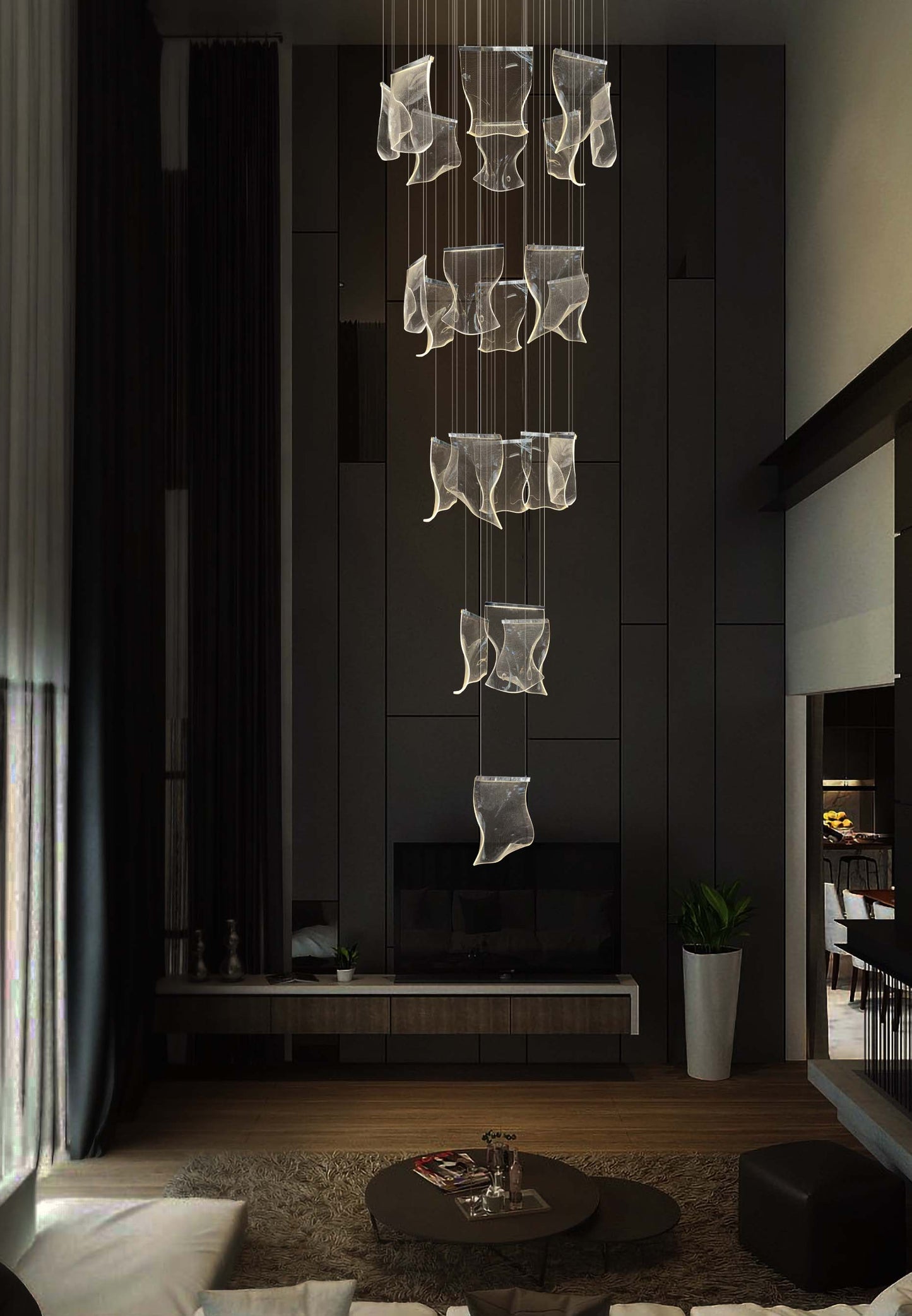 Modern Chrome LED Wave Panel Chandelier with Remote