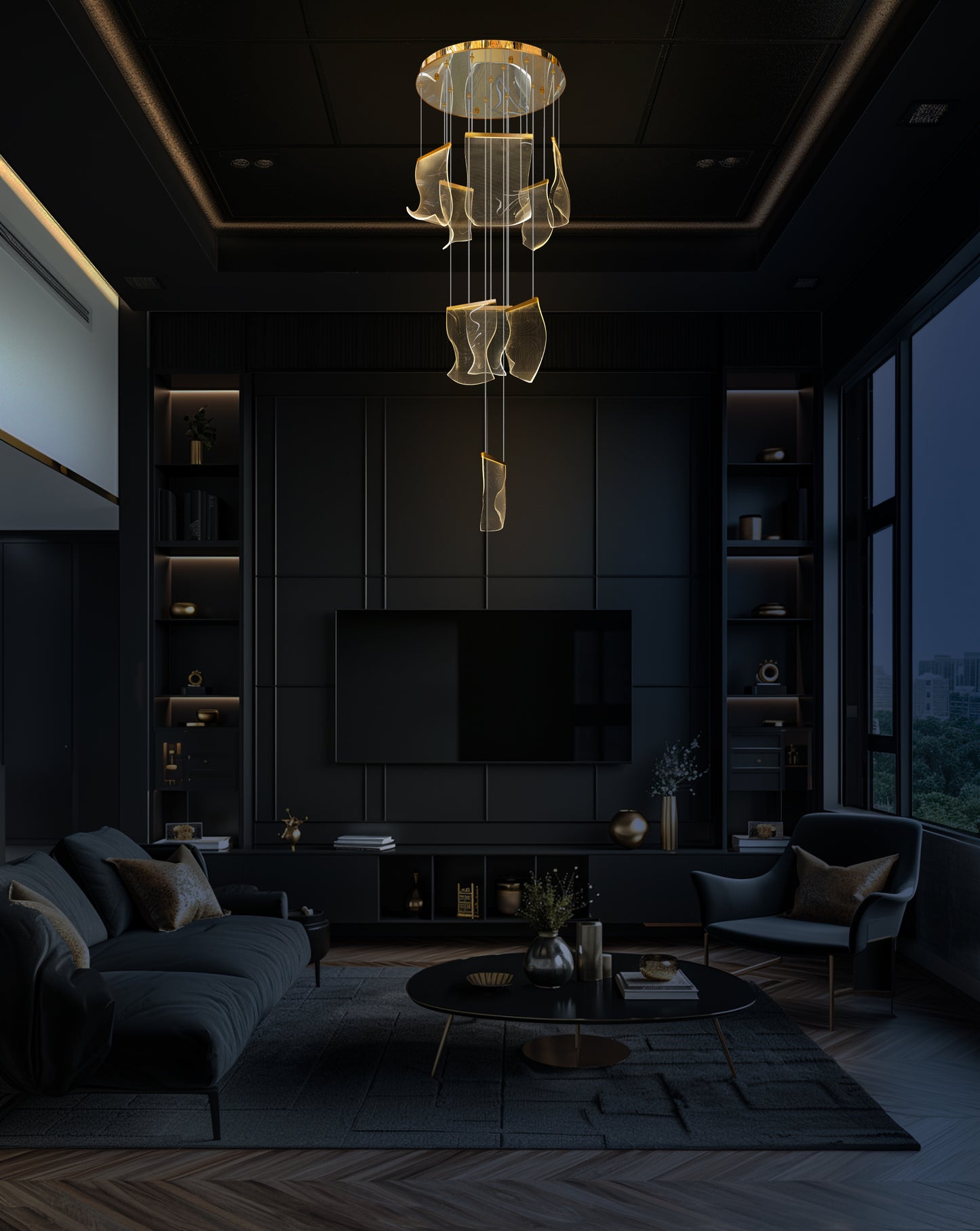 Modern LED Wave Panel Chandelier with Remote Control Gold Finish