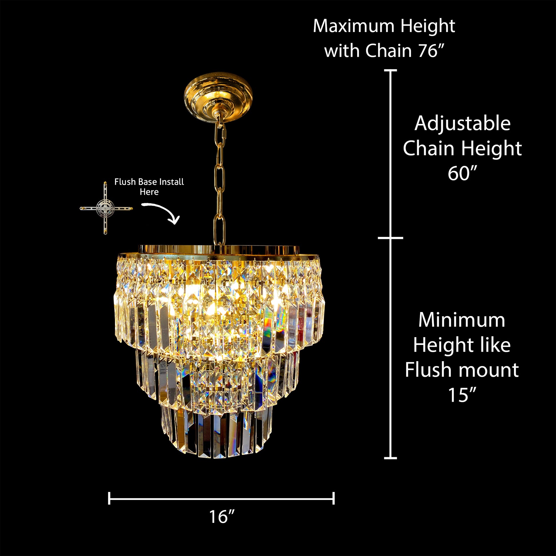 16 inch diagram showing chandelier height, chain length, and flush mount details