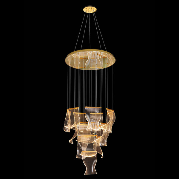 Luxury Dimmable Modern LED Hanging Chandelier – 31.5" Artistic Wave Panels Design, Gold Finish
