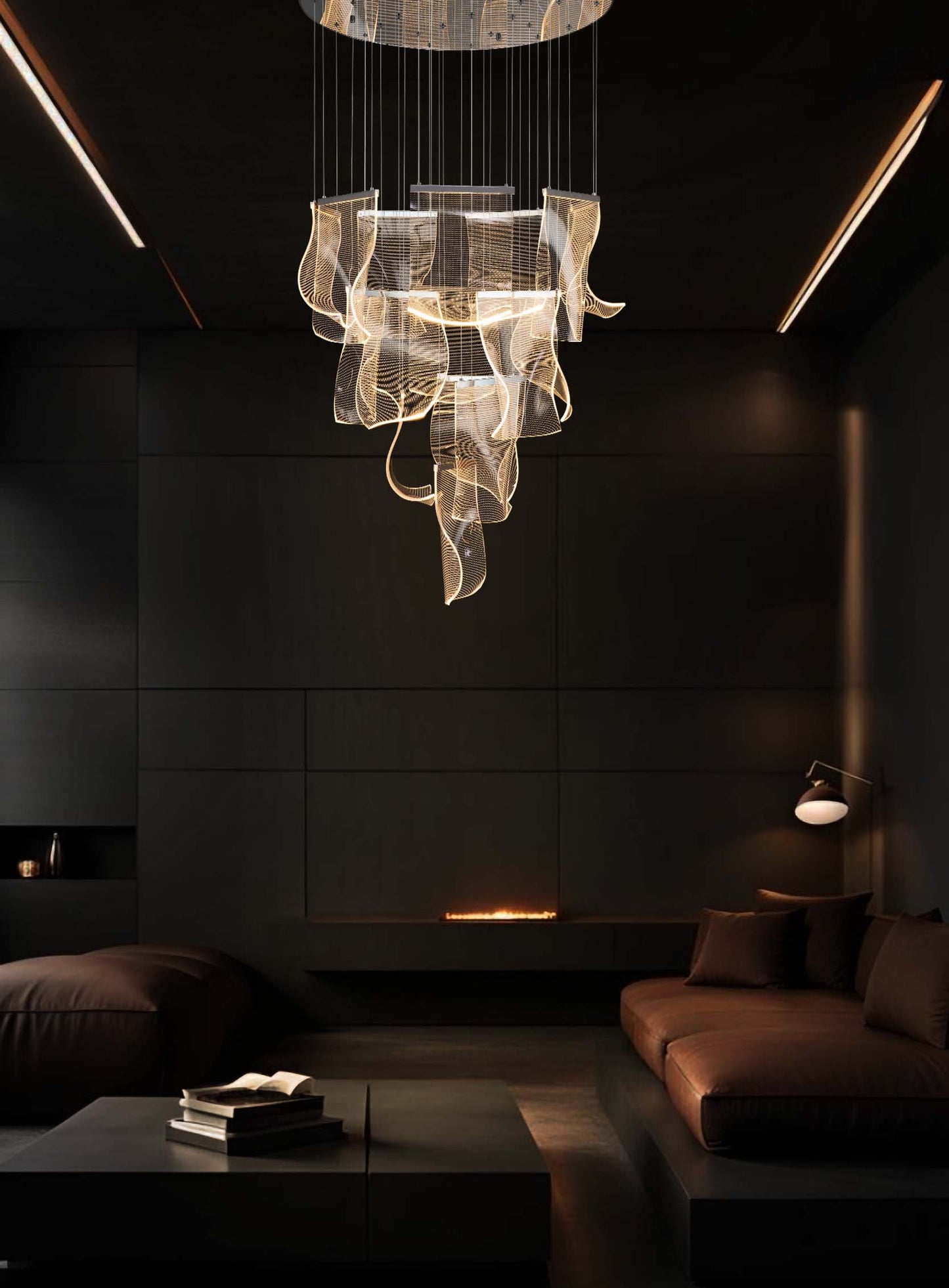 Modern Chrome LED Wave Panel Chandelier with Remote