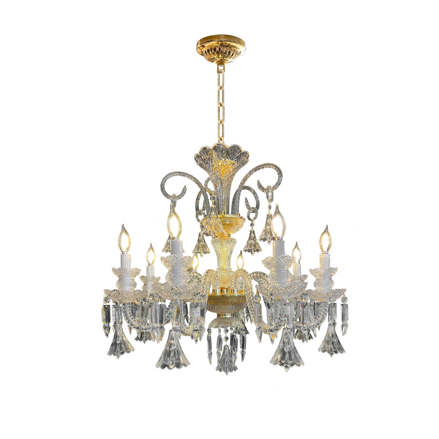 Elegant 29 inch gold and crystal chandelier with 8 lights, featuring clear glass arms and classic baroque design on a white background.