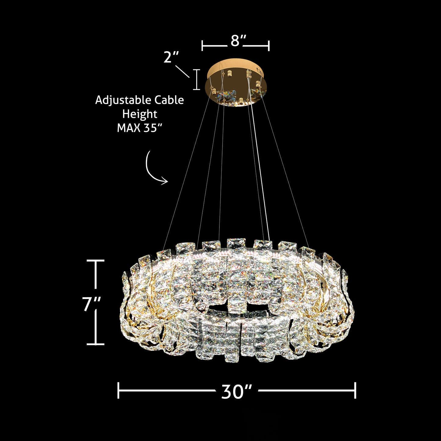Dimensional diagram of luxury 30 inch gold crystal chandelier with adjustable cable height and detailed measurements.
