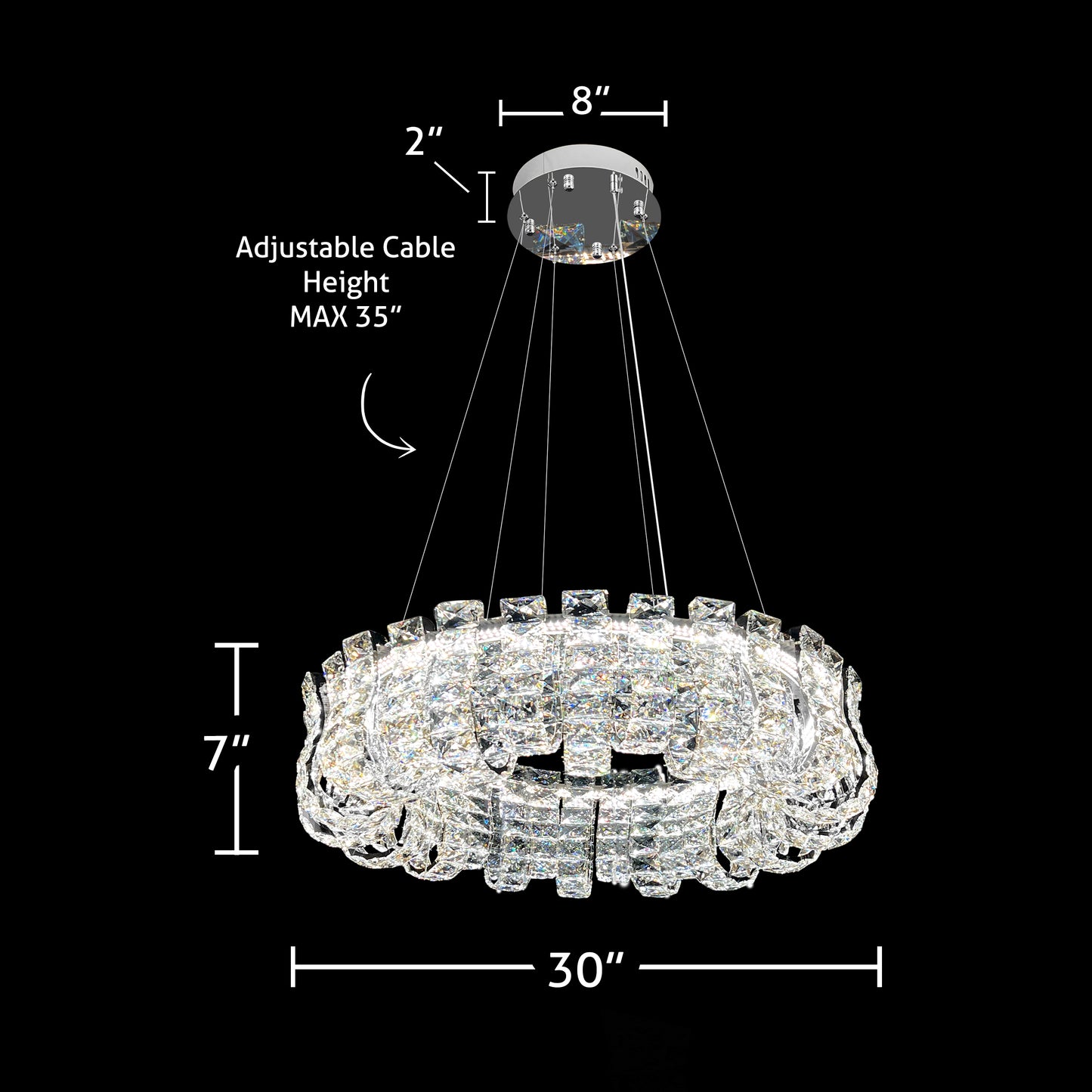 Dimensional diagram of luxury 30 inch silver crystal chandelier with adjustable cable height and detailed measurements.
