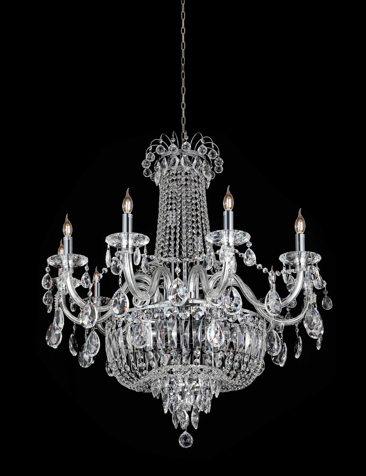 A luxurious chrome pendant vintage crystal chandelier with a 20-light dimmable feature, designed for an elegant interior setting.