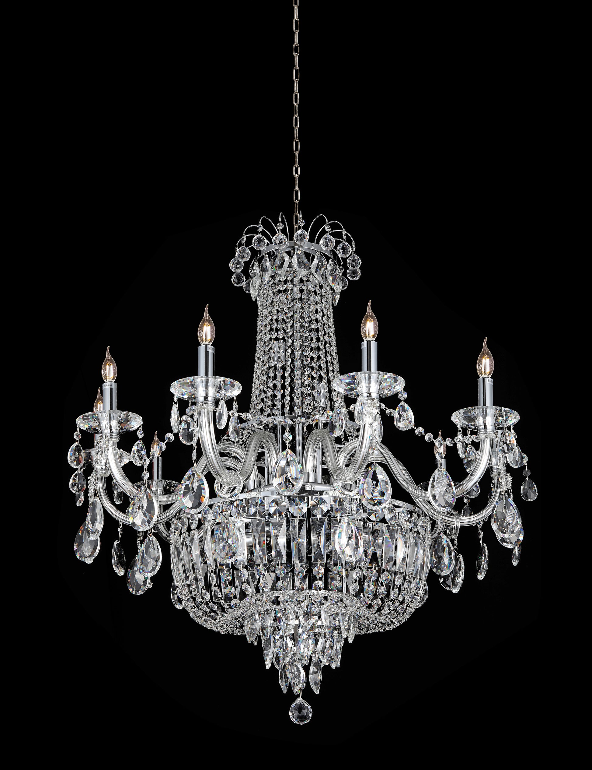 A luxurious chrome pendant vintage crystal chandelier with a 20-light dimmable feature, designed for an elegant interior setting.