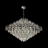 A silver crystal chandelier with a teardrop shape and a polished chrome finish, featuring an empire-style design.