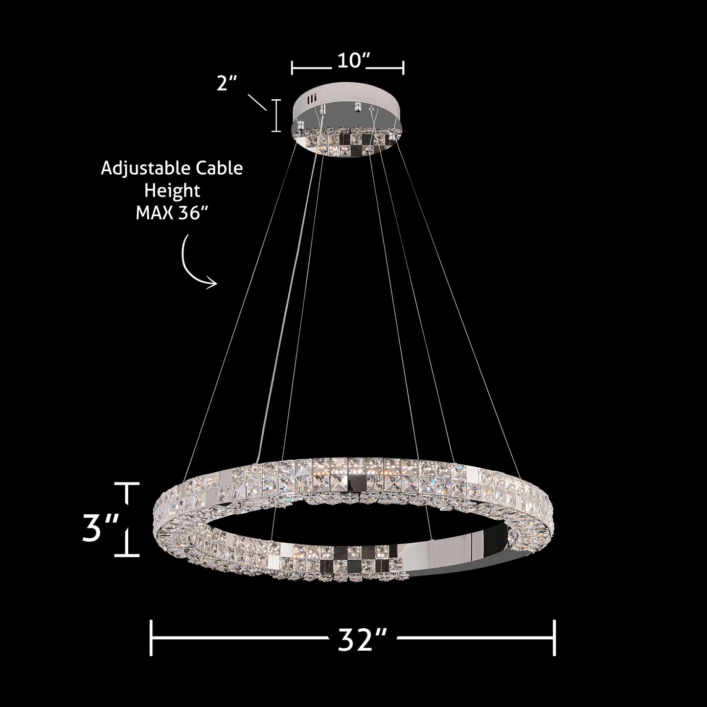 Technical dimensions of 32 inch crystal LED ring chandelier with adjustable cables