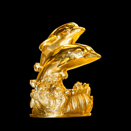 Gold Brass Dolphin Sculpture – Handmade Ocean Wave Statue for Home & Office Decor