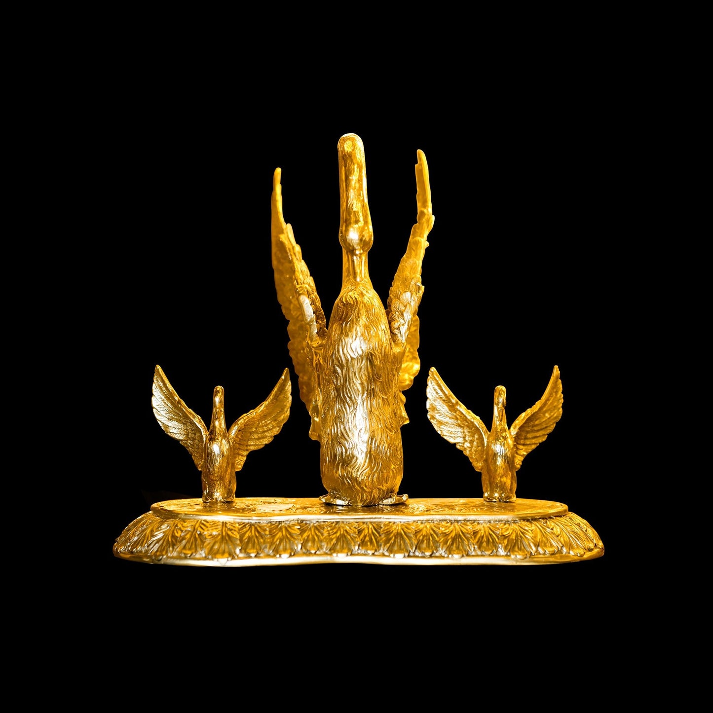 Golden Swan Family Sculpture – Italian Handmade Brass Masterpiece