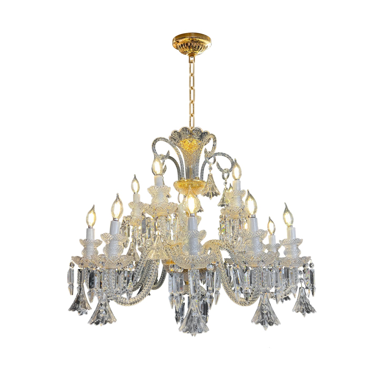 Elegant 35 inch gold and crystal chandelier with 15 lights, featuring clear glass arms and classic baroque design on a white background.