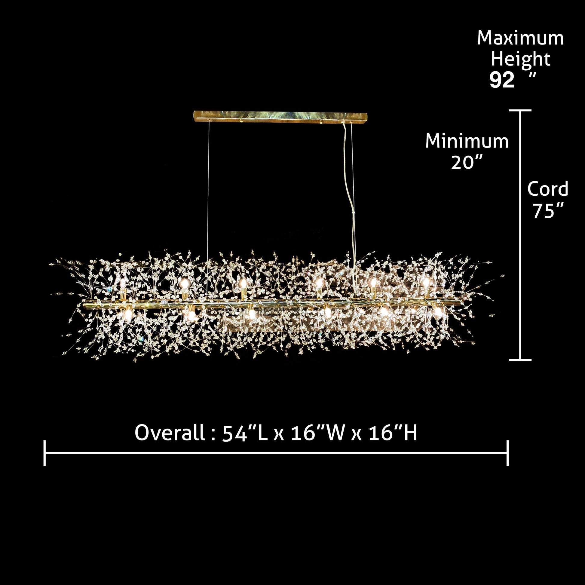 54 inch dimensions of gold linear starburst chandelier with adjustable hanging cables