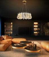 Luxury Modern Crystal LED Chandelier 23" Gold Round Pendant Light Dimmable with Remote