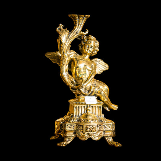 Handcrafted Brass Cherub Statue – Gold Angel Figurine with Horn for Mantel, Altar, or Luxury Home Decor