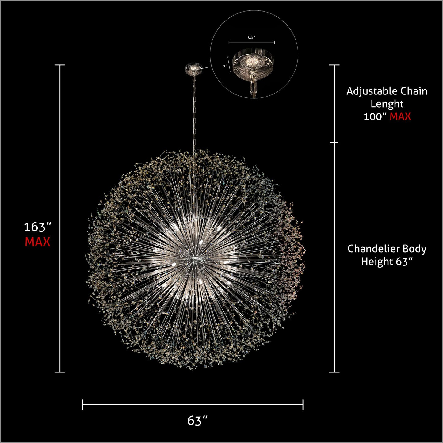 Modern Chrome Starburst Crystal Chandelier 63”