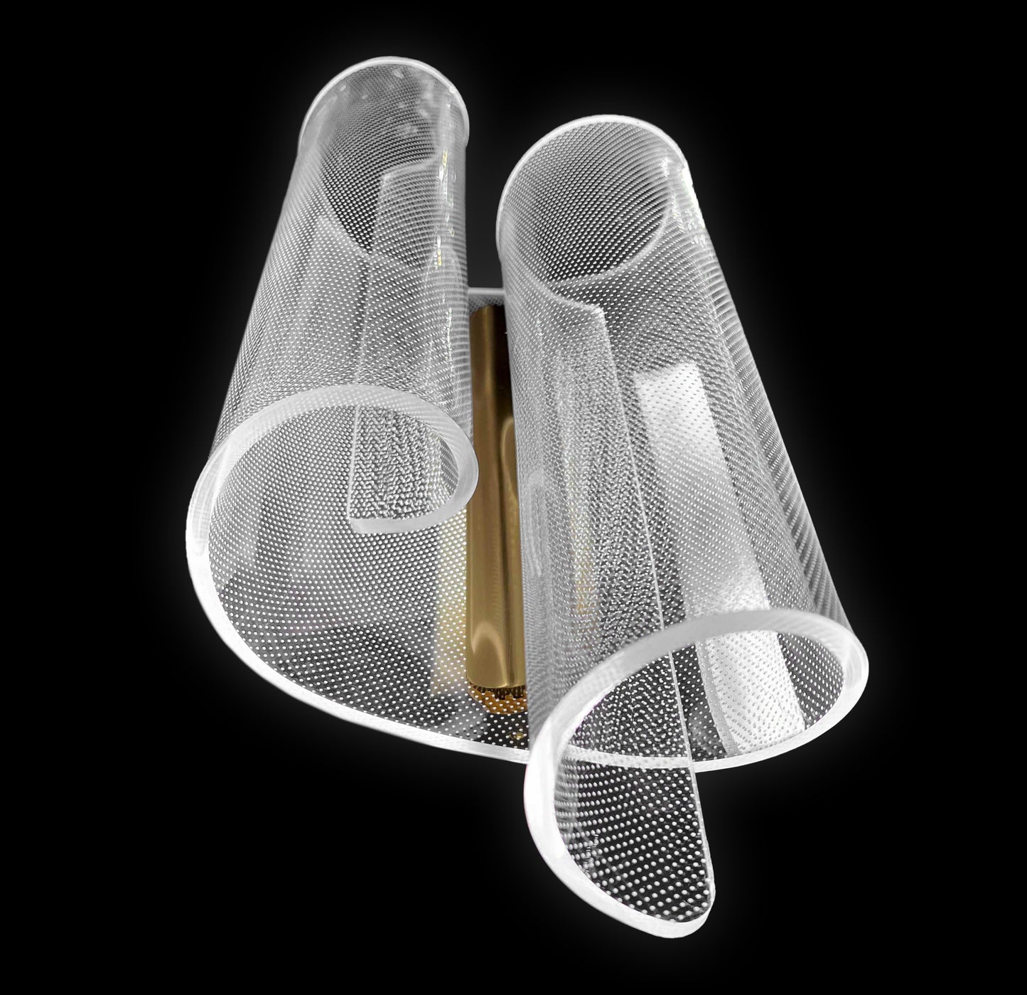 Close-up detail of curved acrylic mesh gold LED sconce