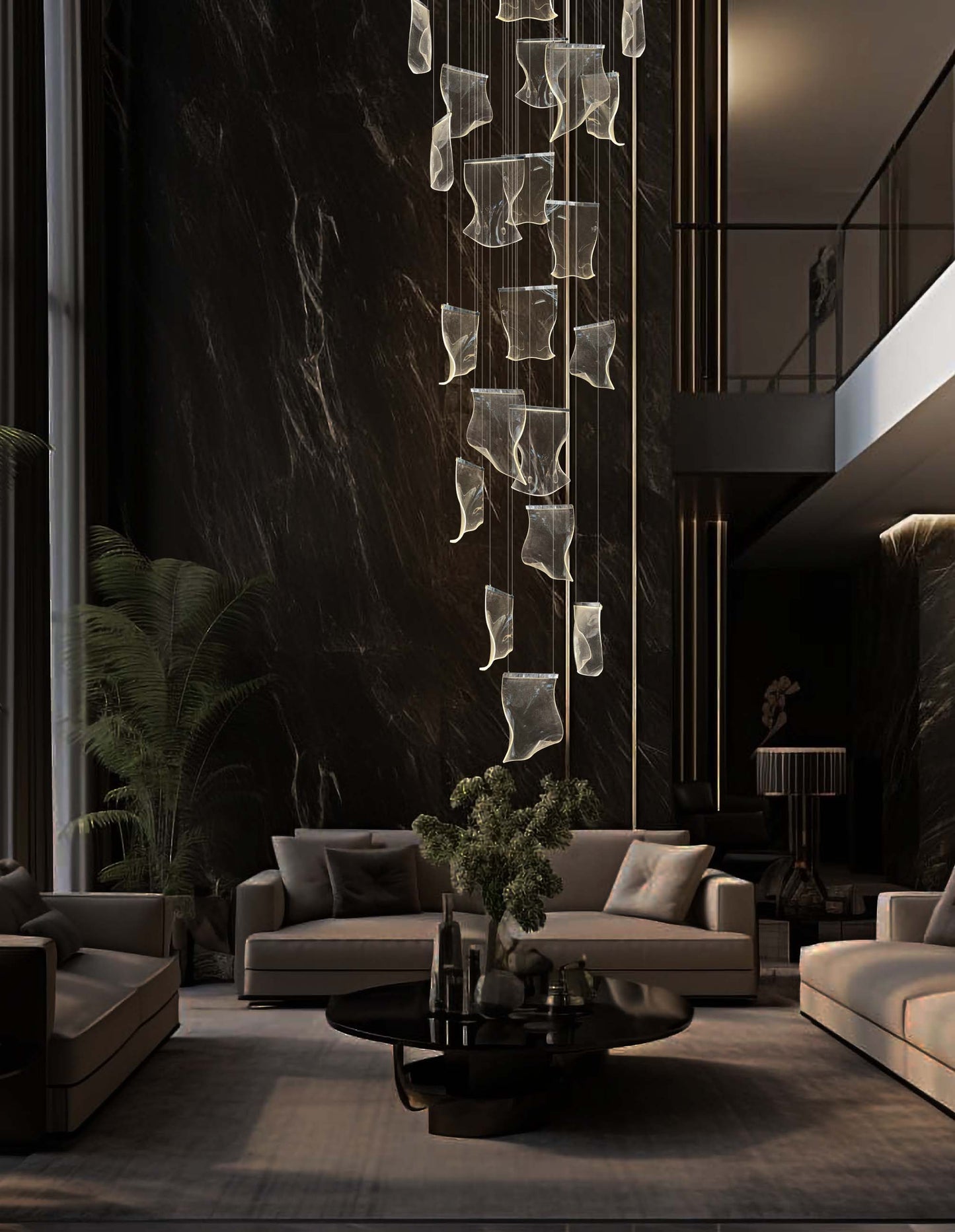 Adjustable and dimmable chrome chandelier with sculptural wave panels creating soft ambient lighting in a modern living room.