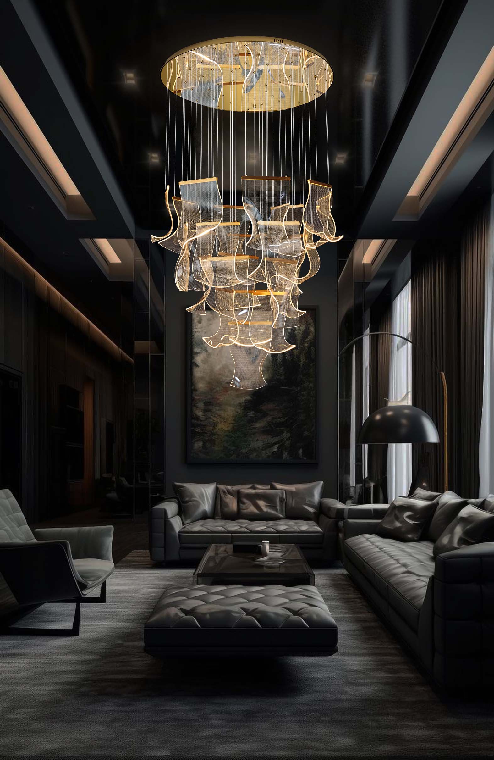  Adjustable gold LED chandelier with sculptural cascading wave panels creating an elegant focal point.