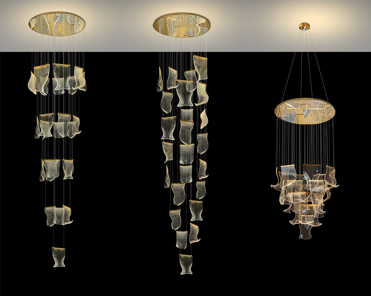  Comparison of dimmable LED wave chandeliers in three adjustable heights, showcasing cascading acrylic wave design.