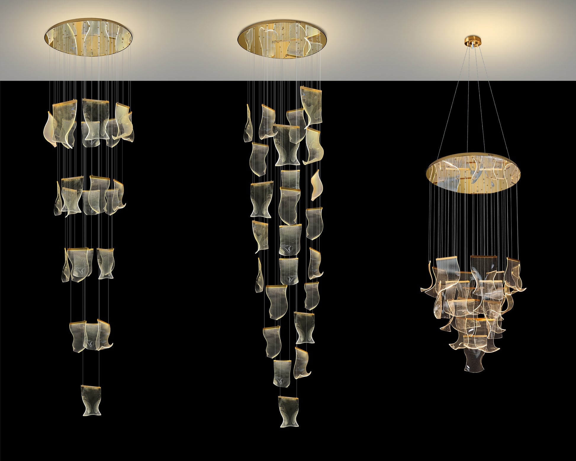  Comparison of dimmable LED wave chandeliers in three adjustable heights, showcasing cascading acrylic wave design.