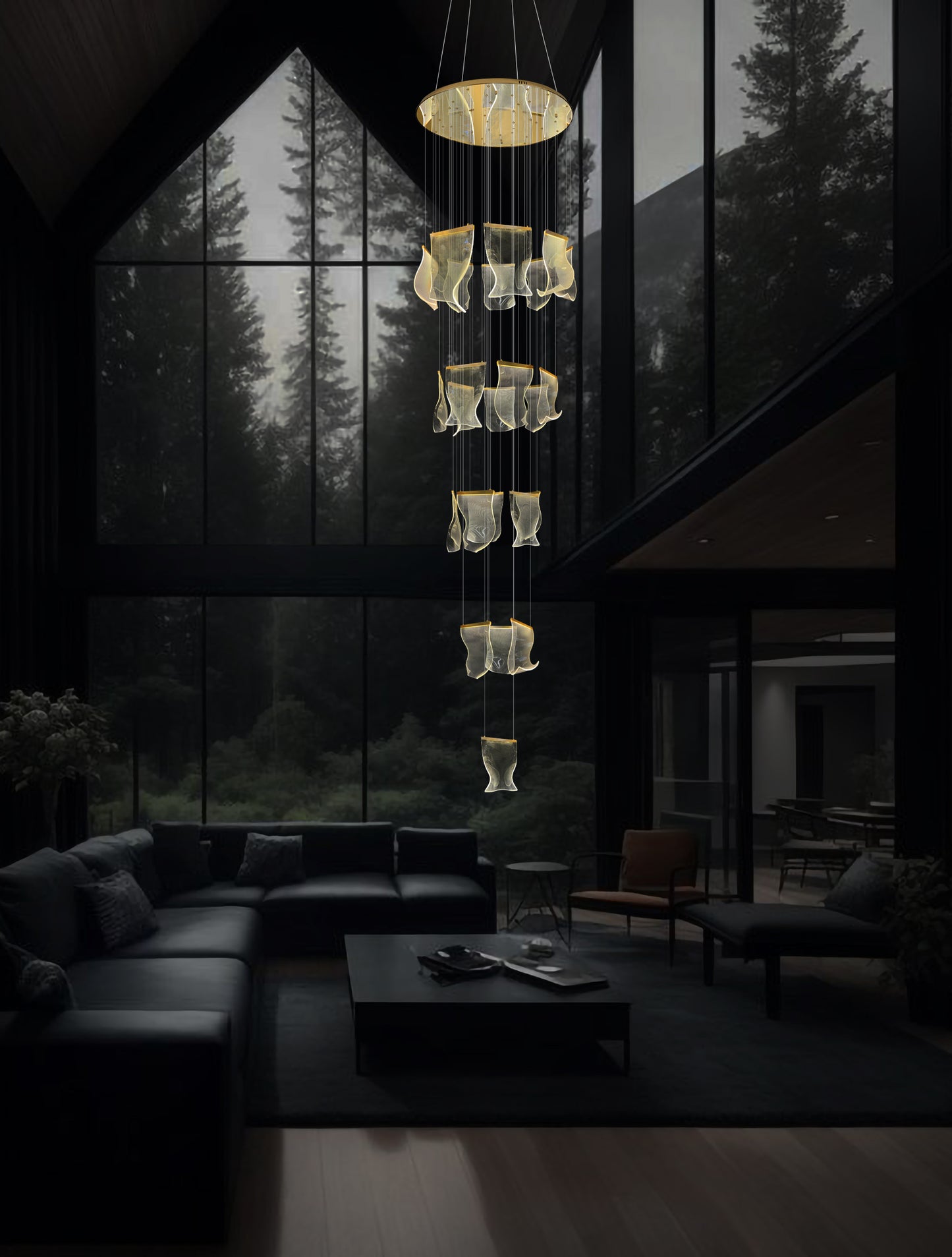 Adjustable LED wave chandelier with dimmable lighting suspended in a bright modern foyer with high ceilings.