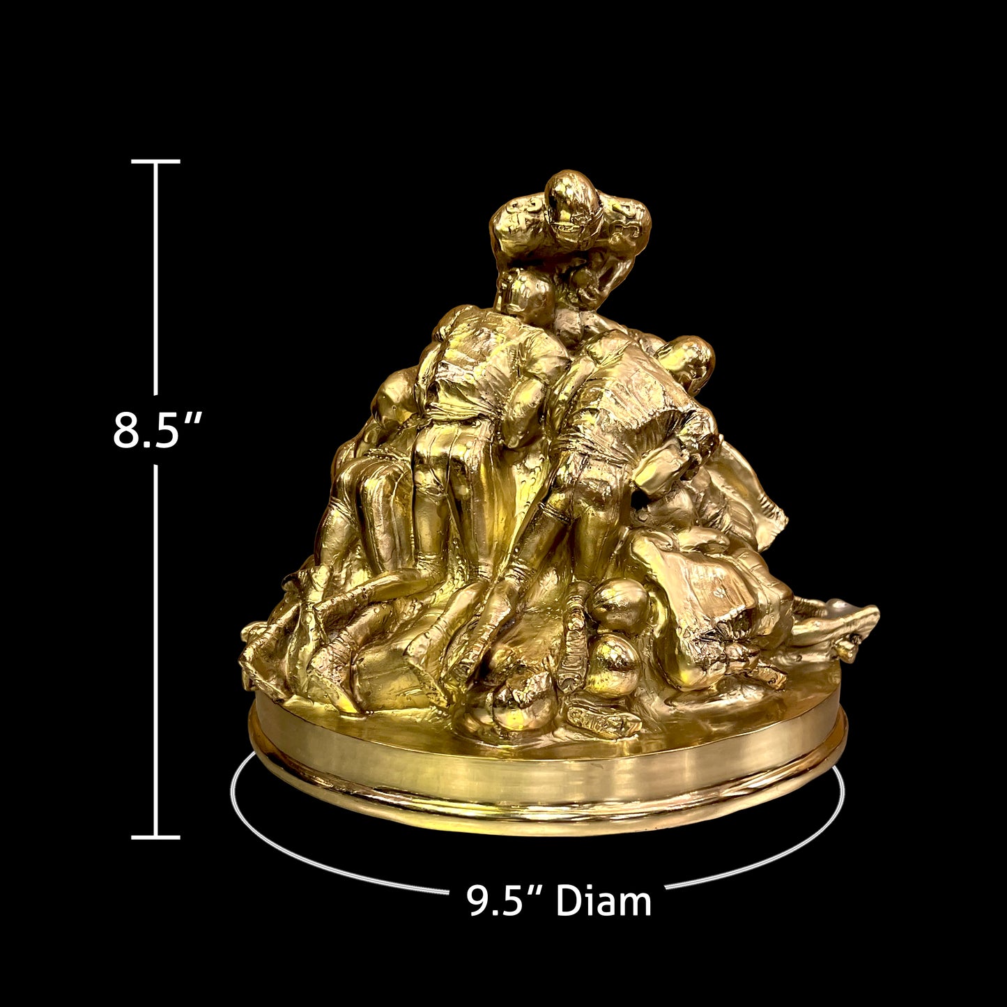 Dimension chart for the brass football sculpture: 8.5 inches height and 9.5 inches base diameter.
