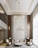 Brass crystal chandelier in luxury living room interior