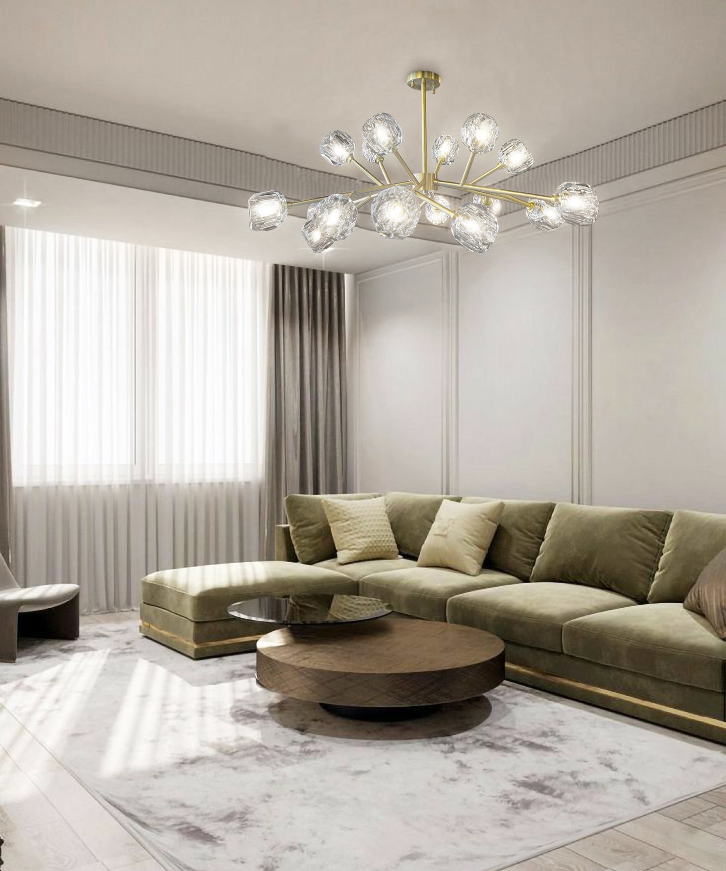 Brass crystal chandelier lighting a contemporary room in low ceiling 
