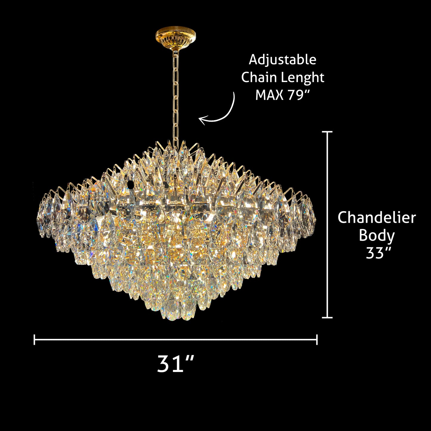 31 inch Champagne gold crystal chandelier with teardrop crystals, showing product dimensions and adjustable chain length.