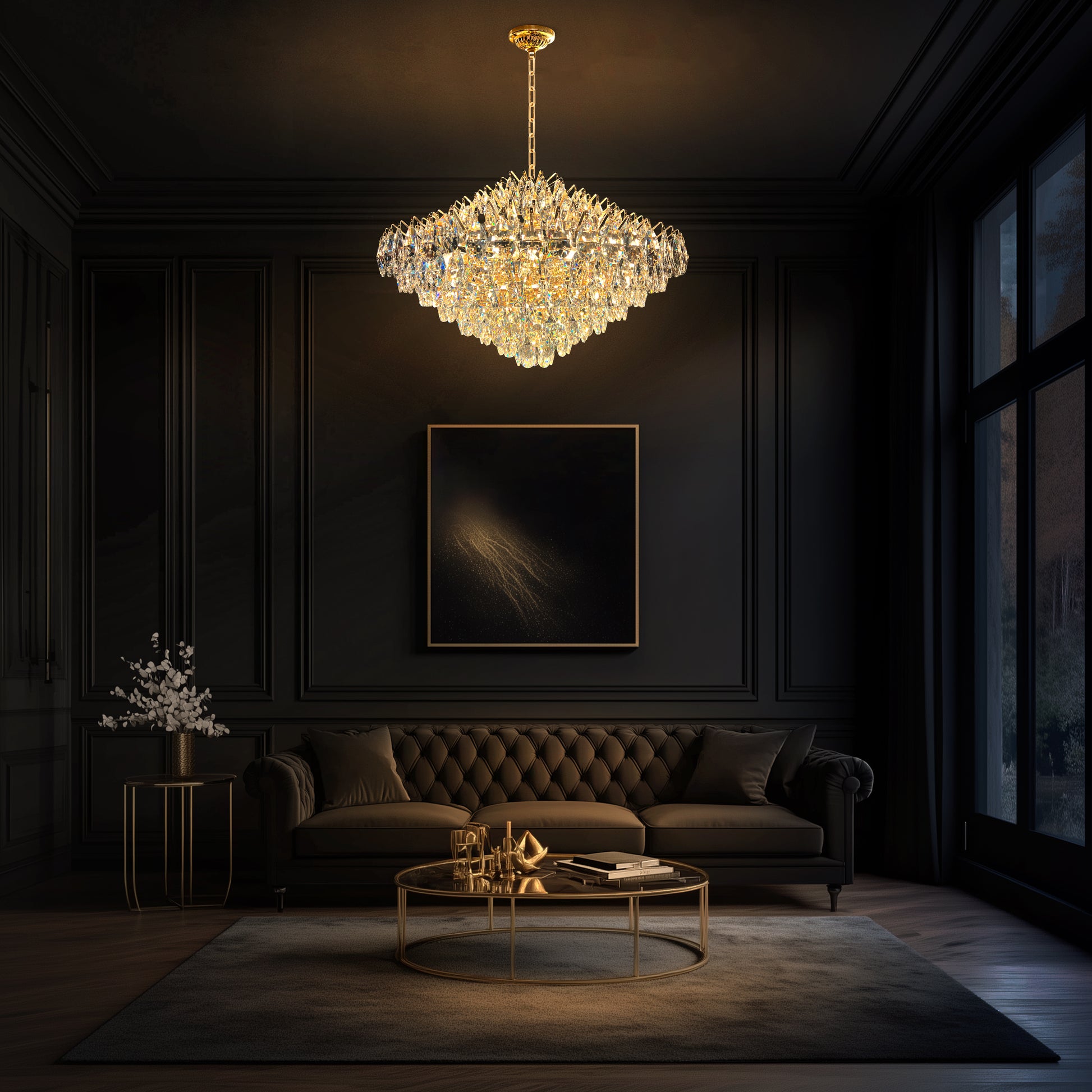 31 in champagne gold crystal chandelier with teardrop crystals hanging in a living room .