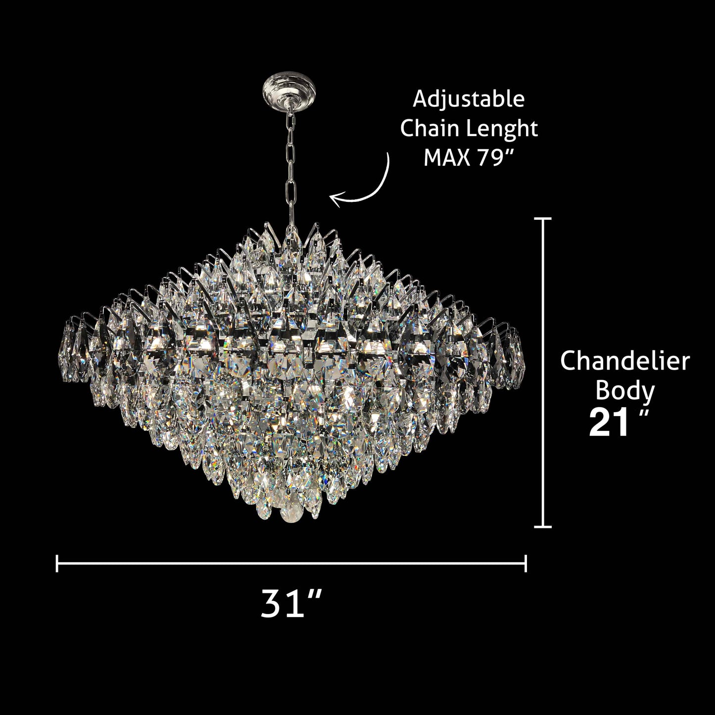 Empire-style chrome crystal chandelier with cascading teardrop crystals, round 31-inch design