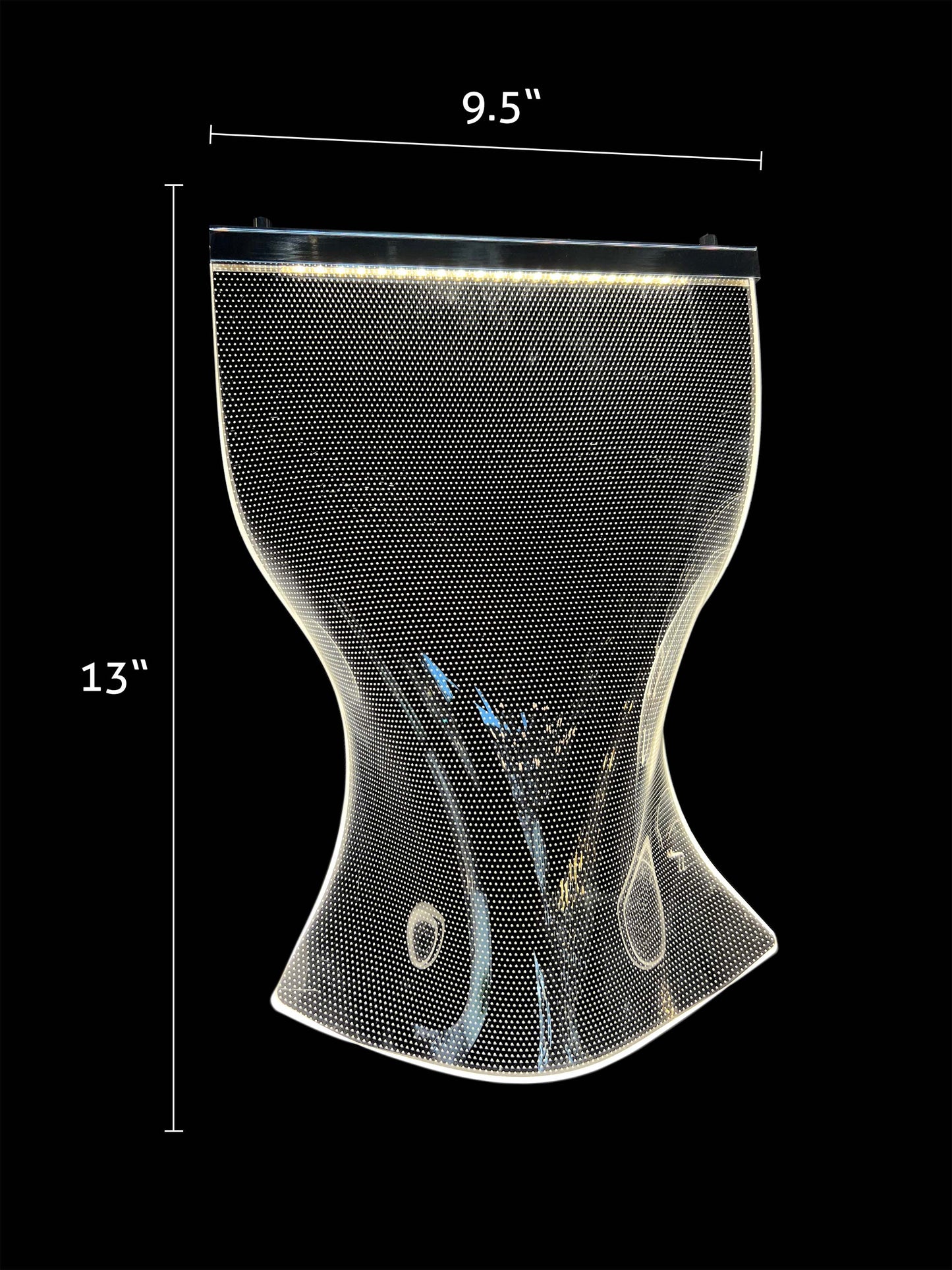 Chrome accented acrylic wave panel measuring 9.5 by 13 inches, part of the adjustable dimmable LED chandelier design.
