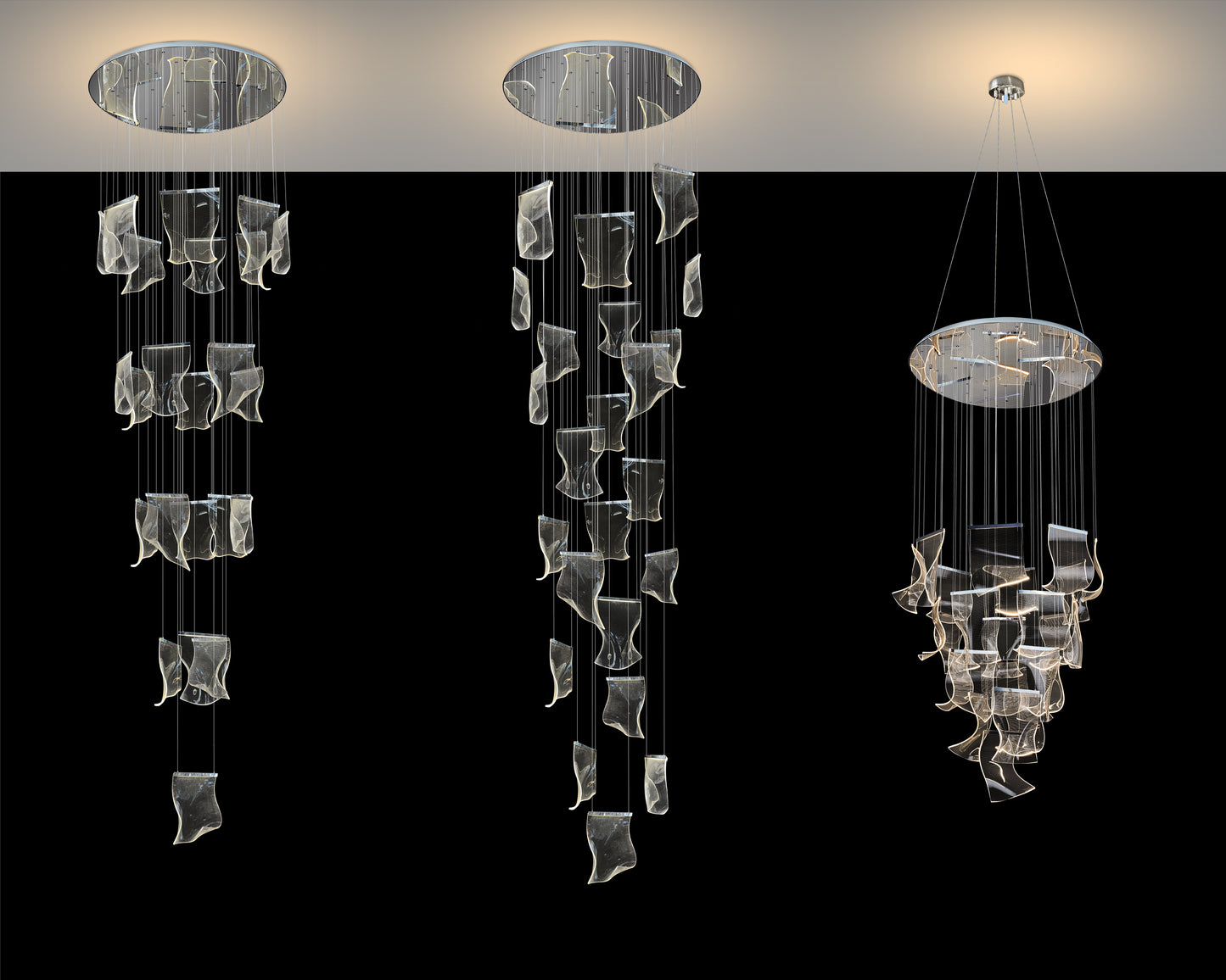 Comparison of dimmable silver LED wave chandeliers in three adjustable heights, showcasing cascading acrylic wave design.
