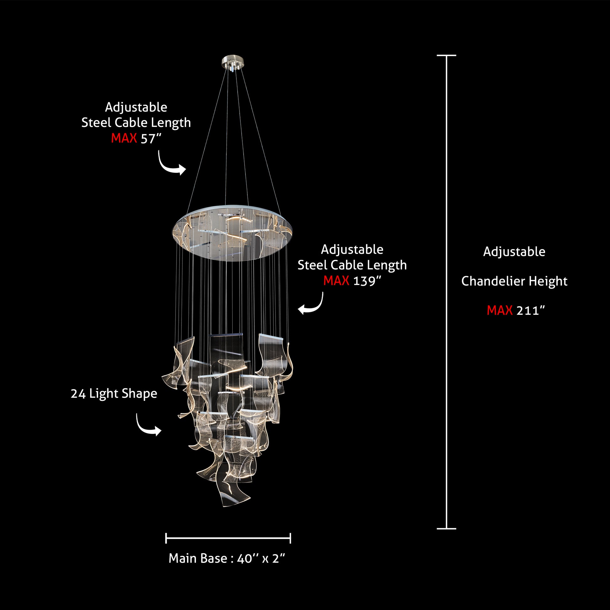 Dimension chart showing the height and adjustable cable lengths of the dimmable LED wave chandelier for modern interiors.
