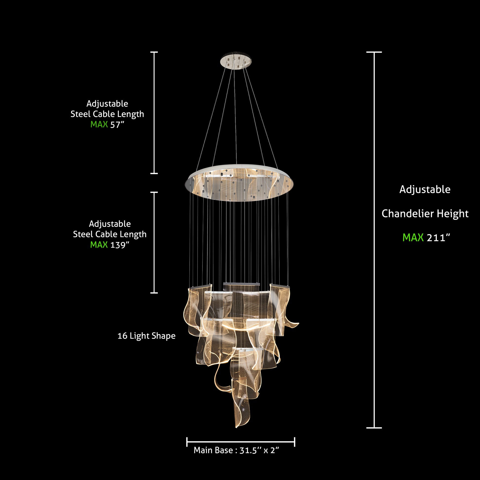 Technical diagram of chrome LED wave chandelier showing adjustable height, cable length, and panel dimensions